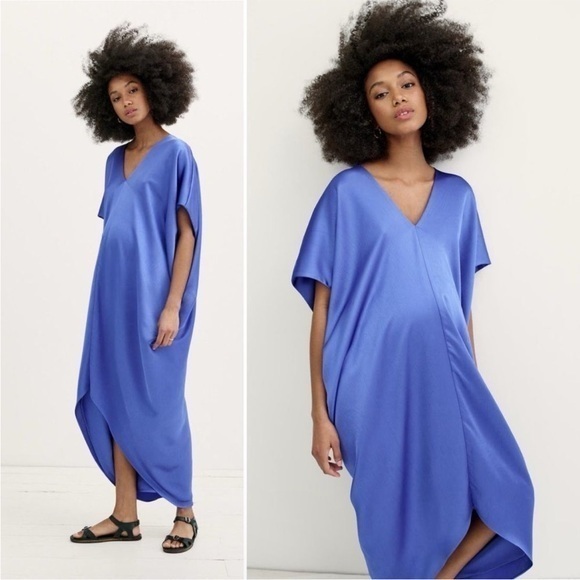 Hatch Maternity Riviera Satin V Neck Kaftan Formal Maxi Dress Blue Iris One Size